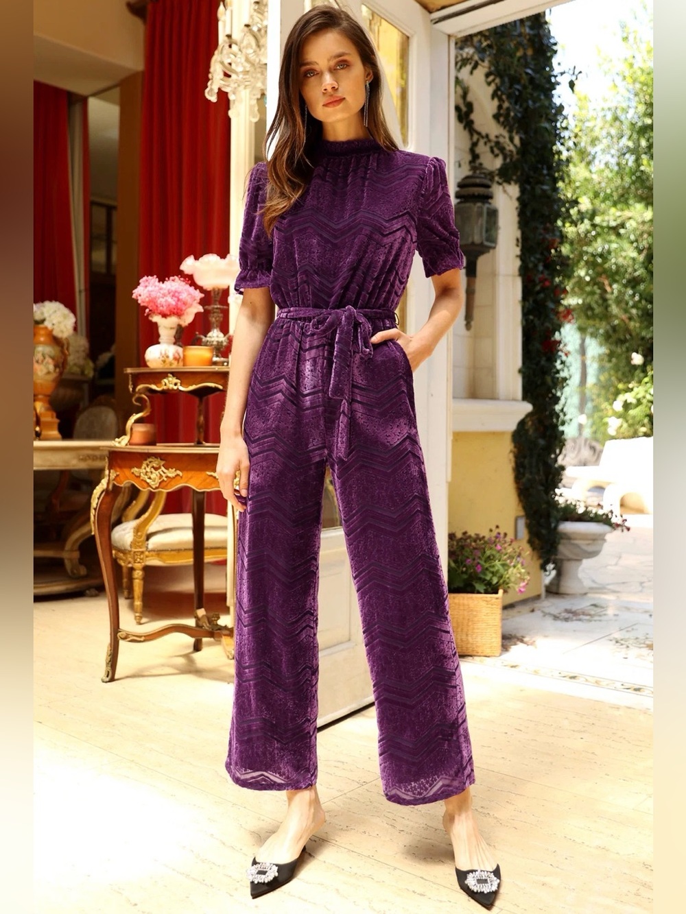 NWT - ADELYN RAE - WILLOWVelvet Burnout Jumpsuit in Plum. Size small.